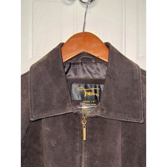 Fabio Vintage 90's Brown Suede Leather Full Zip Jacket With Ribbed Sleeves Sz L - Picture 6 of 14